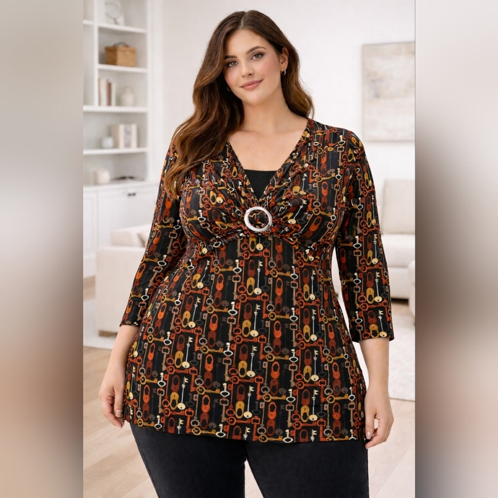 East 5th Womens 1X Key Print Tunic Top 3/4 Sleeve Buckle Front Stretch Blouse